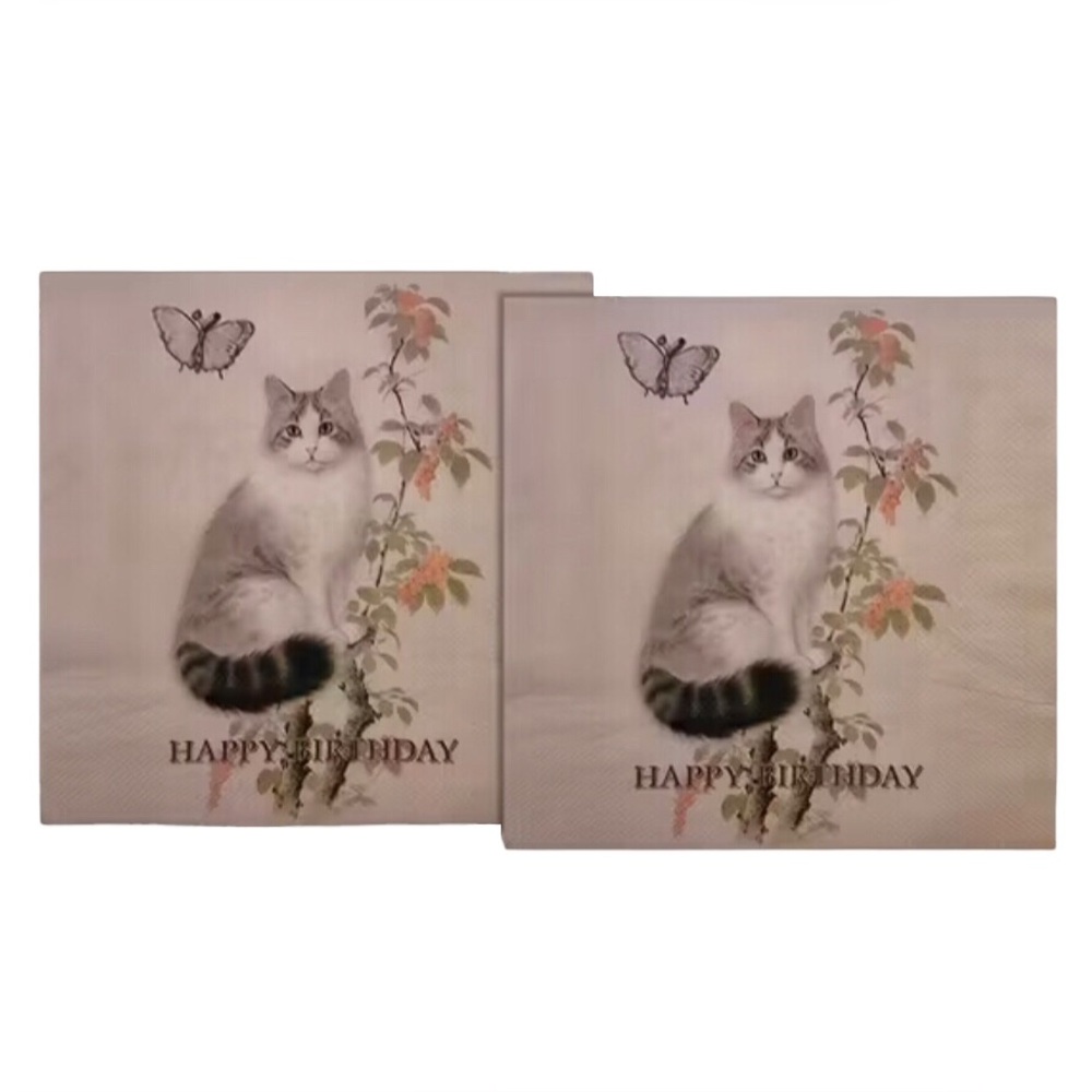 Two (2) INDIVIDUAL Birthday Kitten Luncheon Size DIY Decoupage Napkins